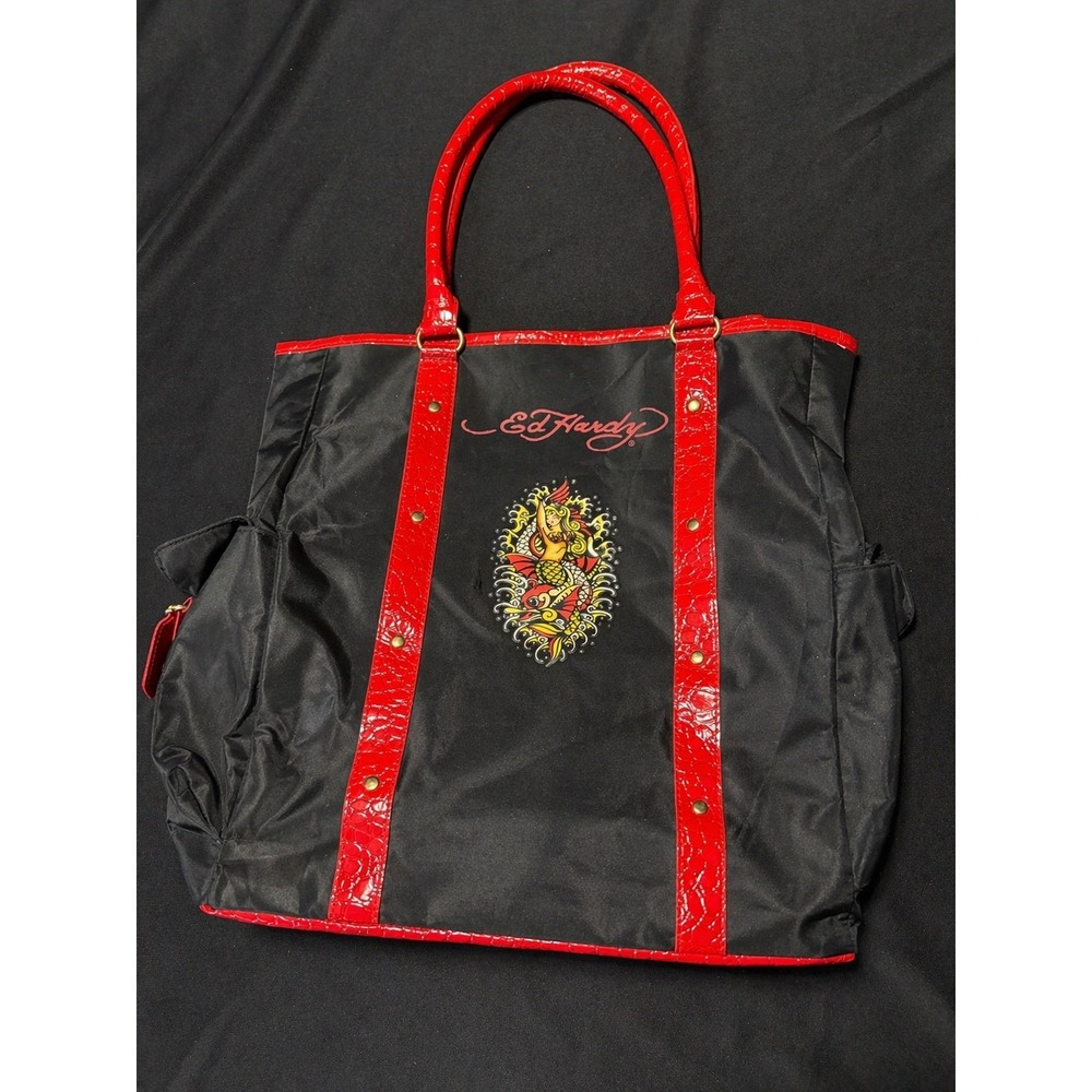 Ed Hardy Mermaid Koi Fish Tote Bag Black Red Faux Croc Tattoo Y2K